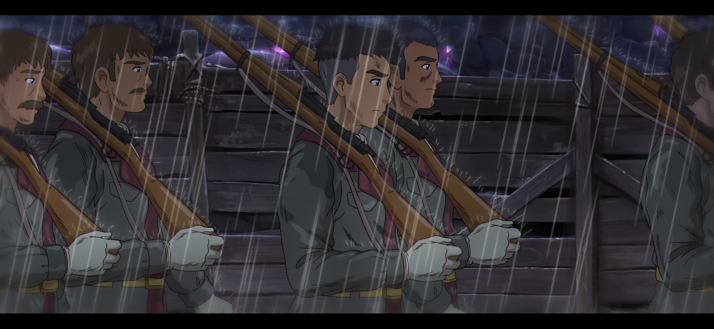 The Glassworker still of soldiers marching in rain