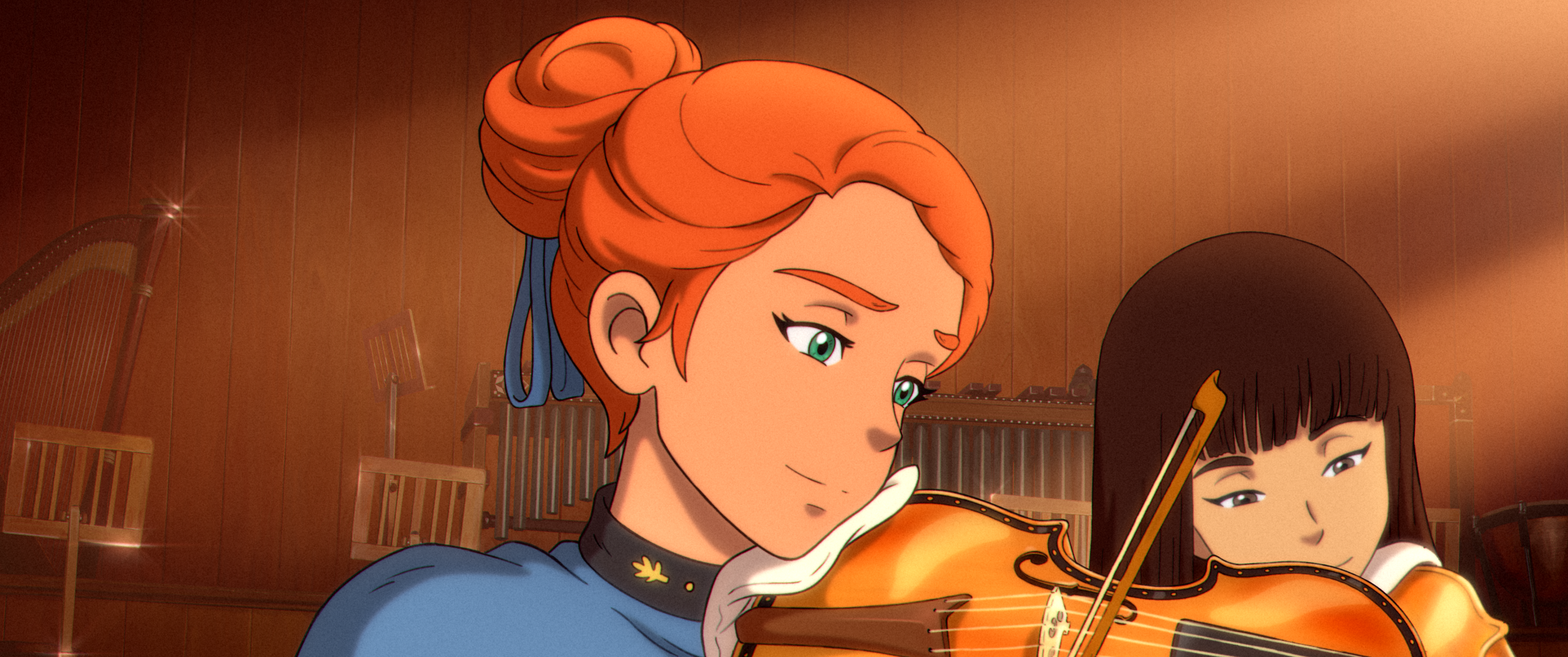 The Glassworker still of violinists in warm light